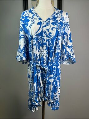 Zara Linen Blend Blue White Floral Shirt Dress Belted Tie Waist Size XL